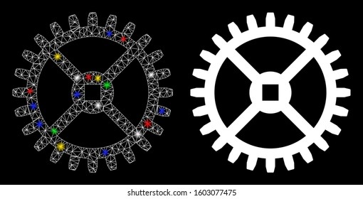 Glowing mesh clock gear icon with glare effect. Abstract illuminated model of clock gear. Shiny wire carcass triangular network clock gear icon. Vector abstraction on a black background.