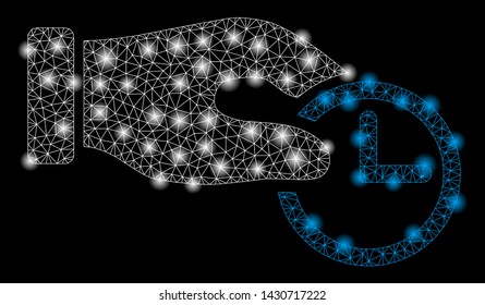Glowing mesh clock properties with glitter effect. Abstract illuminated model of clock properties icon. Shiny wire frame polygonal network clock properties. Vector abstraction on a black background.