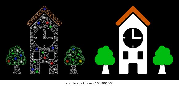 Glowing mesh clock tower icon with glare effect. Abstract illuminated model of clock tower. Shiny wire carcass polygonal mesh clock tower icon. Vector abstraction on a black background.
