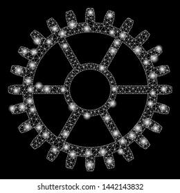 Glowing mesh clock wheel with lightspot effect. Abstract illuminated model of clock wheel icon. Shiny wire frame polygonal mesh clock wheel. Vector abstraction on a black background.