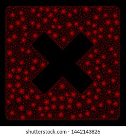 Glowing mesh close with glow effect. Abstract illuminated model of close icon. Shiny wire frame triangular mesh close. Vector abstraction on a black background.