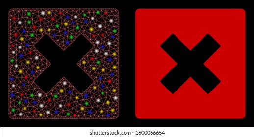 Glowing mesh close icon with glare effect. Abstract illuminated model of close. Shiny wire frame triangular mesh close icon. Vector abstraction on a black background.