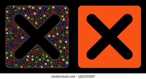 Glowing mesh close icon with lightspot effect. Abstract illuminated model of close. Shiny wire frame triangular mesh close icon. Vector abstraction on a black background.