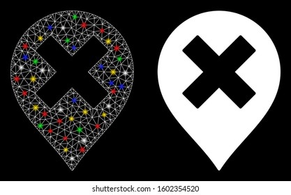 Glowing mesh closed marker icon with sparkle effect. Abstract illuminated model of closed marker. Shiny wire carcass polygonal network closed marker icon. Vector abstraction on a black background.