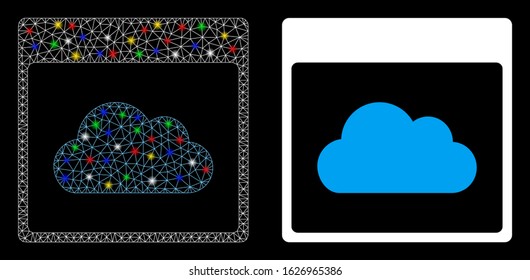 Glowing mesh cloud calendar page icon with sparkle effect. Abstract illuminated model of cloud calendar page. Shiny wire frame triangular mesh cloud calendar page icon.