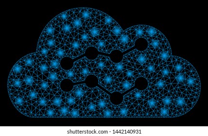 Glowing mesh cloud charts with lightspot effect. Abstract illuminated model of cloud charts icon. Shiny wire carcass polygonal mesh cloud charts. Vector abstraction on a black background.