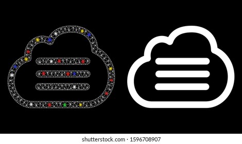 Glowing mesh cloud file icon with glare effect. Abstract illuminated model of cloud file. Shiny wire carcass polygonal network cloud file icon. Vector abstraction on a black background.