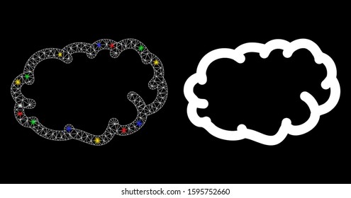 Glowing mesh cloud icon with sparkle effect. Abstract illuminated model of cloud. Shiny wire carcass triangular mesh cloud icon. Vector abstraction on a black background.