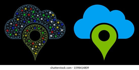 Glowing mesh cloud location icon with sparkle effect. Abstract illuminated model of cloud location. Shiny wire frame triangular mesh cloud location icon. Vector abstraction on a black background.