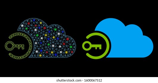 Glowing mesh cloud login icon with lightspot effect. Abstract illuminated model of cloud login. Shiny wire frame triangular mesh cloud login icon. Vector abstraction on a black background.