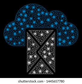 Glowing mesh cloud mail with lightspot effect. Abstract illuminated model of cloud mail icon. Shiny wire carcass polygonal network cloud mail. Vector abstraction on a black background.