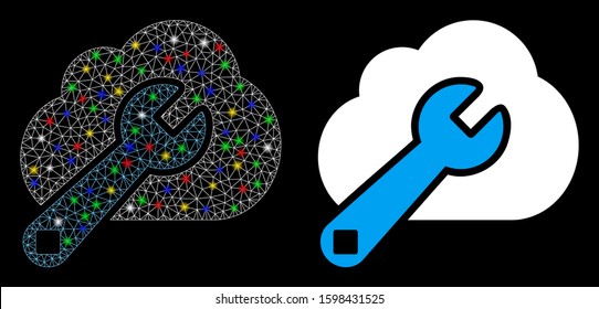 Glowing mesh cloud options icon with glow effect. Abstract illuminated model of cloud options. Shiny wire frame polygonal mesh cloud options icon. Vector abstraction on a black background.