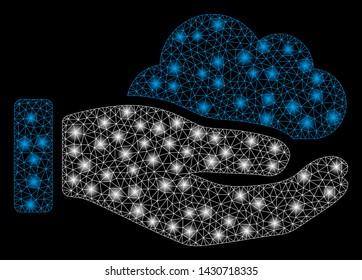 Glowing mesh cloud service hand with sparkle effect. Abstract illuminated model of cloud service hand icon. Shiny wire frame triangular mesh cloud service hand.