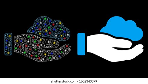 Glowing mesh cloud service hand icon with lightspot effect. Abstract illuminated model of cloud service hand. Shiny wire carcass triangular network cloud service hand icon.