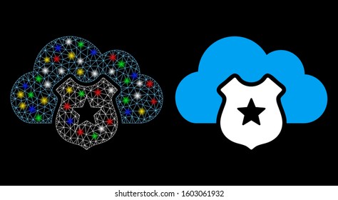 Glowing mesh cloud shield icon with sparkle effect. Abstract illuminated model of cloud shield. Shiny wire carcass polygonal mesh cloud shield icon. Vector abstraction on a black background.