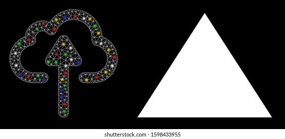 Glowing mesh cloud upload icon with lightspot effect. Abstract illuminated model of cloud upload. Shiny wire frame triangular network cloud upload icon. Vector abstraction on a black background.