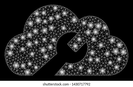 Glowing mesh cloud wrench tools with glitter effect. Abstract illuminated model of cloud wrench tools icon. Shiny wire frame polygonal mesh cloud wrench tools.