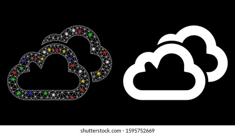 Glowing mesh clouds icon with glare effect. Abstract illuminated model of clouds. Shiny wire carcass triangular network clouds icon. Vector abstraction on a black background.