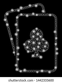 Glowing mesh clubs gambling cards with lightspot effect. Abstract illuminated model of clubs gambling cards icon. Shiny wire carcass polygonal mesh clubs gambling cards.