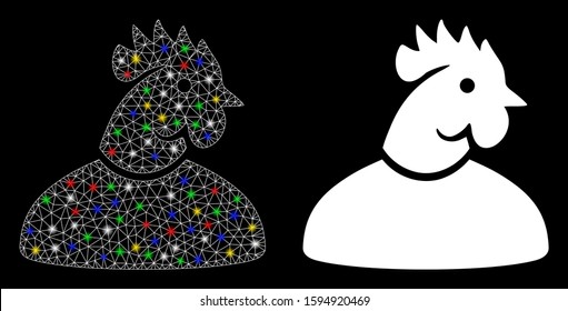 Glowing mesh cock man icon with lightspot effect. Abstract illuminated model of cock man. Shiny wire frame triangular mesh cock man icon. Vector abstraction on a black background.