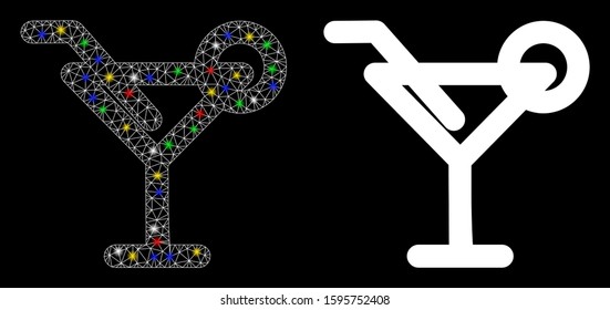 Glowing mesh cocktail icon with glitter effect. Abstract illuminated model of cocktail. Shiny wire frame triangular mesh cocktail icon. Vector abstraction on a black background.