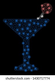 Glowing mesh cocktail with lightspot effect. Abstract illuminated model of cocktail icon. Shiny wire frame triangular mesh cocktail. Vector abstraction on a black background.