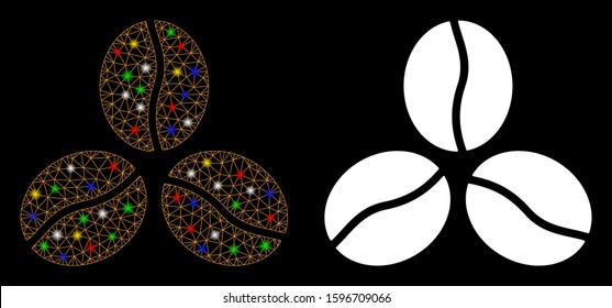 Glowing mesh coffee beans icon with glitter effect. Abstract illuminated model of coffee beans. Shiny wire frame triangular mesh coffee beans icon. Vector abstraction on a black background.