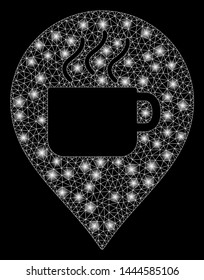 Glowing mesh coffee cup marker with glare effect. Abstract illuminated model of coffee cup marker icon. Shiny wire carcass polygonal mesh coffee cup marker. Vector abstraction on a black background.