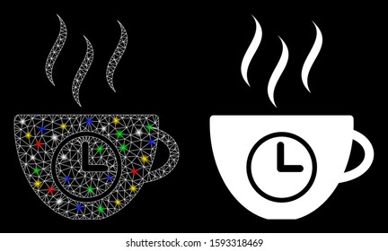 Glowing mesh coffee time icon with glare effect. Abstract illuminated model of coffee time. Shiny wire frame triangular mesh coffee time icon. Vector abstraction on a black background.