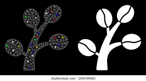 Glowing mesh coffee tree icon with glitter effect. Abstract illuminated model of coffee tree. Shiny wire carcass polygonal mesh coffee tree icon. Vector abstraction on a black background.