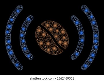 Glowing mesh coffee wifi spot with glare effect. Abstract illuminated model of coffee wifi spot icon. Shiny wire frame triangular network coffee wifi spot. Vector abstraction on a black background.