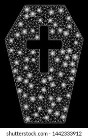 Glowing mesh coffin with glare effect. Abstract illuminated model of coffin icon. Shiny wire carcass polygonal network coffin. Vector abstraction on a black background.