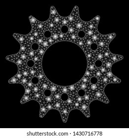 Glowing mesh cog with lightspot effect. Abstract illuminated model of cog icon. Shiny wire frame polygonal mesh cog. Vector abstraction on a black background. Abstract 2d mesh designed with triangles,