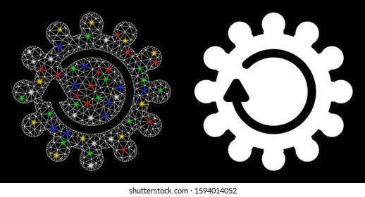 Glowing mesh cog rotation icon with lightspot effect. Abstract illuminated model of cog rotation. Shiny wire carcass polygonal mesh cog rotation icon. Vector abstraction on a black background.