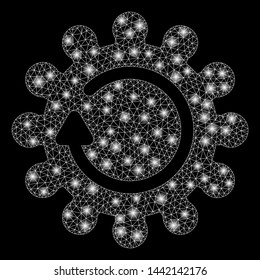 Glowing mesh cog rotation with lightspot effect. Abstract illuminated model of cog rotation icon. Shiny wire frame polygonal mesh cog rotation. Vector abstraction on a black background.