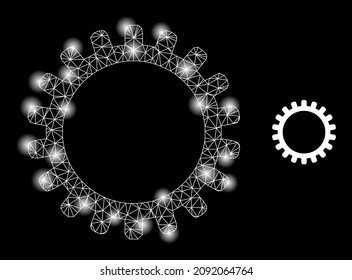 Glühendes Maschendraht-Websymbol mit beleuchteten Lichtpunkten. Leuchtende Konstellation wird aus dem cog Vektorsymbol erstellt. Illuminierte Rahmen Web polygonal cog, auf schwarzem Hintergrund.