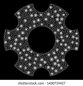 Glowing mesh cogwheel with glitter effect. Abstract illuminated model of cogwheel icon. Shiny wire carcass triangular mesh cogwheel. Vector abstraction on a black background.