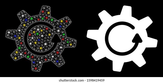 Glowing mesh cogwheel rotation direction icon with sparkle effect. Abstract illuminated model of cogwheel rotation direction. Shiny wire carcass triangular network cogwheel rotation direction icon.