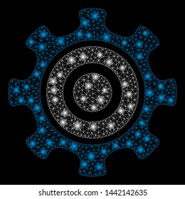 Glowing mesh cogwheel with sparkle effect. Abstract illuminated model of cogwheel icon. Shiny wire frame polygonal mesh cogwheel. Vector abstraction on a black background.