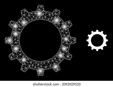 Glowing mesh cogwheel web icon with illuminated light spots. Illuminated constellation is generated from cogwheel vector icon. Glossy frame web polygonal cogwheel, on a black background.