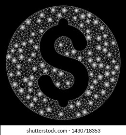 Glowing mesh coin with glow effect. Abstract illuminated model of coin icon. Shiny wire frame triangular network coin. Vector abstraction on a black background.