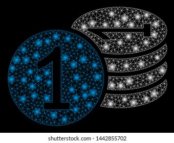 Glowing mesh coins with sparkle effect. Abstract illuminated model of coins icon. Shiny wire carcass polygonal mesh coins. Vector abstraction on a black background.