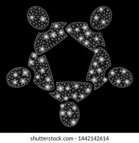 Glowing mesh collaboration with sparkle effect. Abstract illuminated model of collaboration icon. Shiny wire carcass triangular network collaboration. Vector abstraction on a black background.
