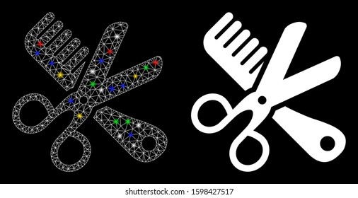 Glowing mesh comb and scissors tools icon with lightspot effect. Abstract illuminated model of comb and scissors tools. Shiny wire carcass triangular mesh comb and scissors tools icon.