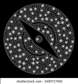 Glowing mesh compass with glare effect. Abstract illuminated model of compass icon. Shiny wire carcass triangular network compass. Vector abstraction on a black background.