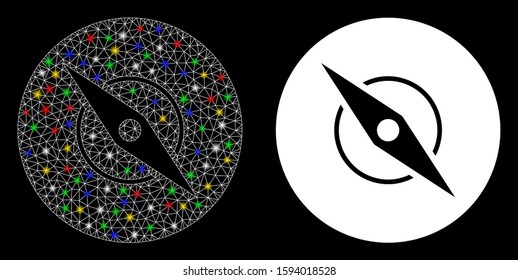 Glowing mesh compass icon with glare effect. Abstract illuminated model of compass. Shiny wire frame triangular mesh compass icon. Vector abstraction on a black background.