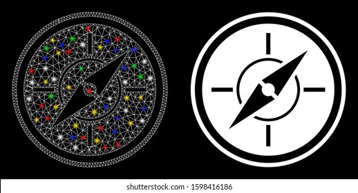 Glowing mesh compass icon with sparkle effect. Abstract illuminated model of compass. Shiny wire frame polygonal network compass icon. Vector abstraction on a black background.