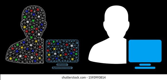 Glowing mesh computer administrator icon with glare effect. Abstract illuminated model of computer administrator. Shiny wire carcass triangular mesh computer administrator icon.