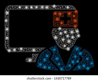 Glowing mesh computer doctor with glow effect. Abstract illuminated model of computer doctor icon. Shiny wire frame triangular mesh computer doctor. Vector abstraction on a black background.
