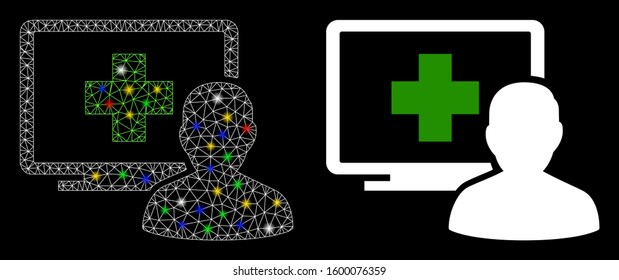 Glowing mesh computer doctor icon with glow effect. Abstract illuminated model of computer doctor. Shiny wire carcass polygonal network computer doctor icon. Vector abstraction on a black background.